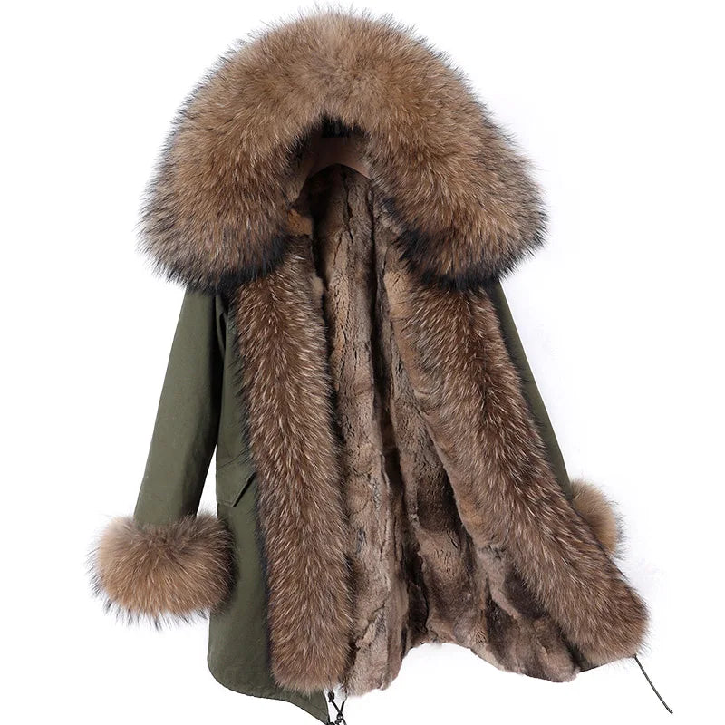 Real Raccoon Fox Fur Collar Parka Women's Coat | Vexaroa