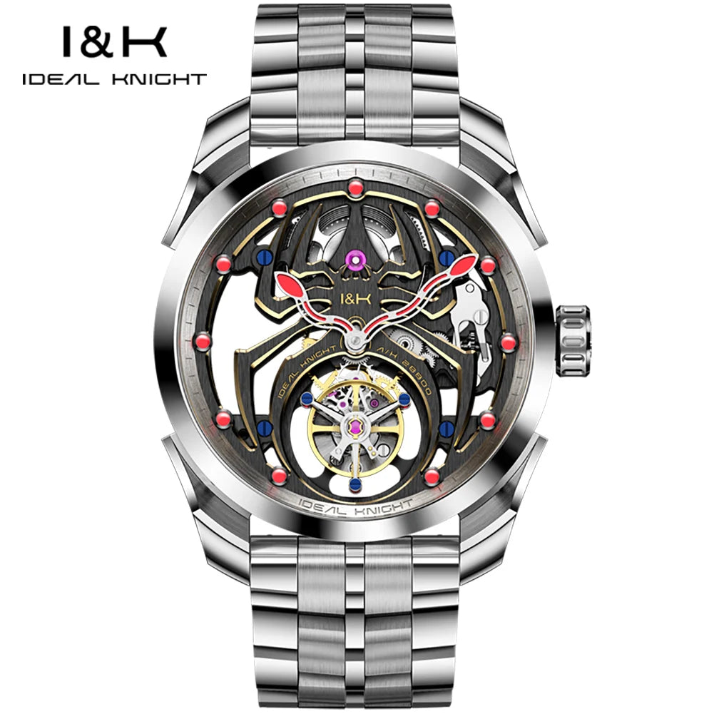 IDEAL KNIGHT Real Tourbillon Men's Watches High-Grade Fully Hollowed Spider Pattern Cool Dial Top Luxury Mechanical Watches 6802