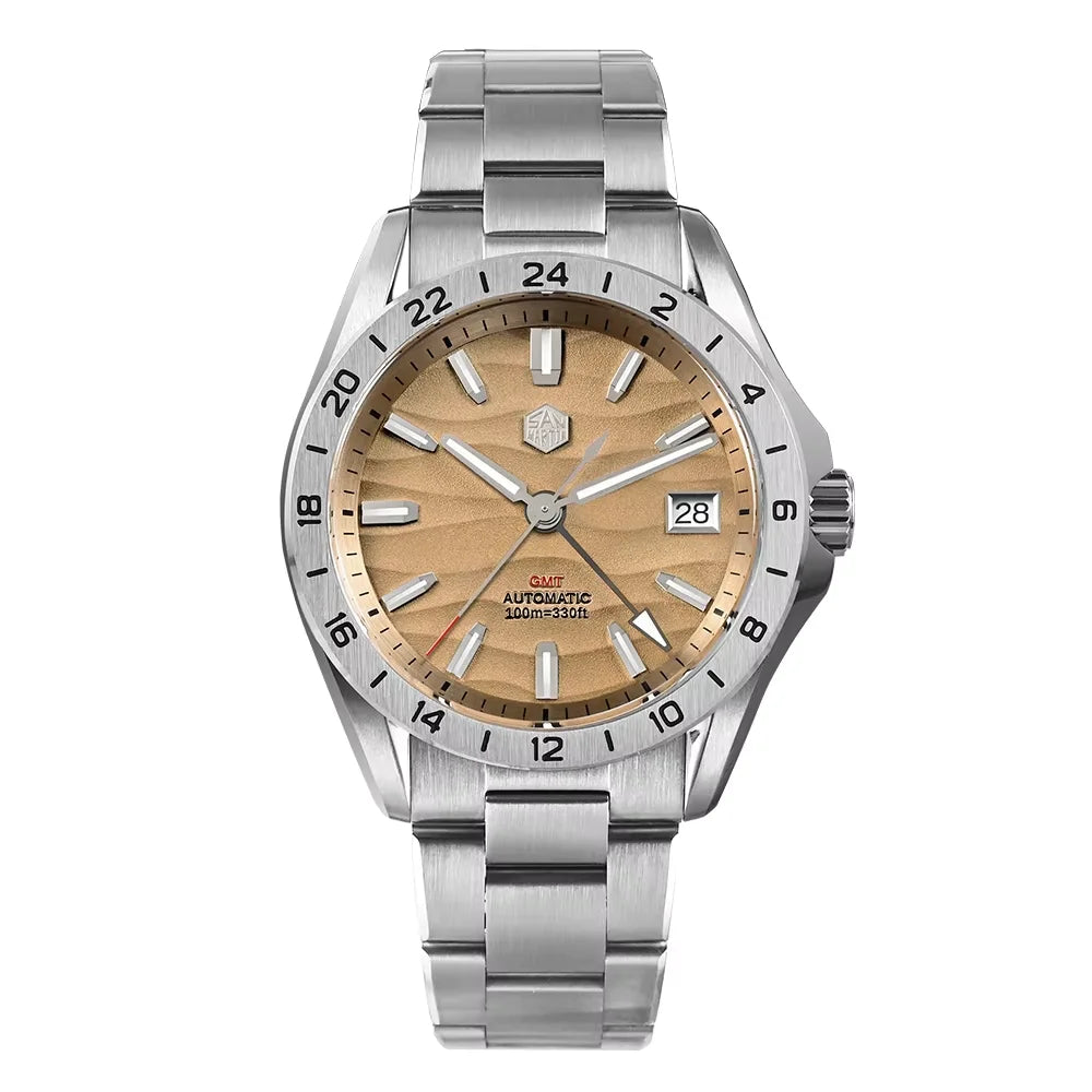 San Martin New 39mm Desert Texture Luxury Men Business Dress GMT Watch NH34 Automatic Mechanical Waterproof 100m Luminous SN0129