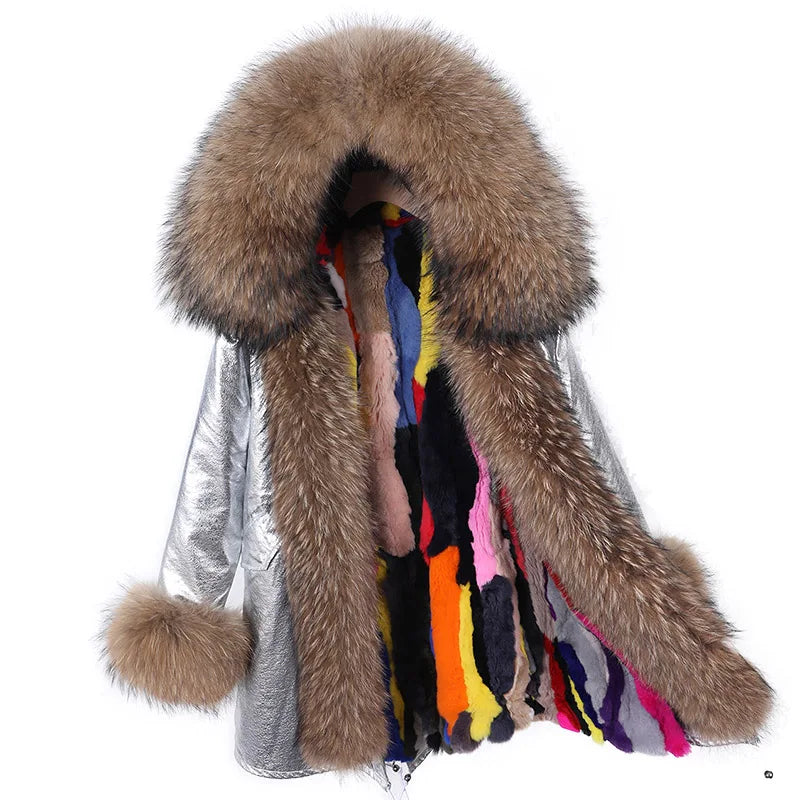 Real Raccoon Fox Fur Collar Parka Women's Coat | Vexaroa