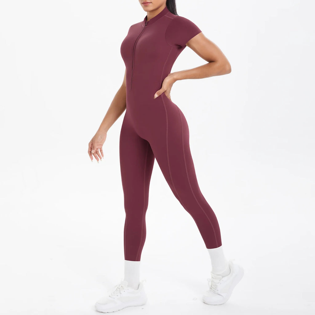 Maroon jumpsuit worn by a person on a white background