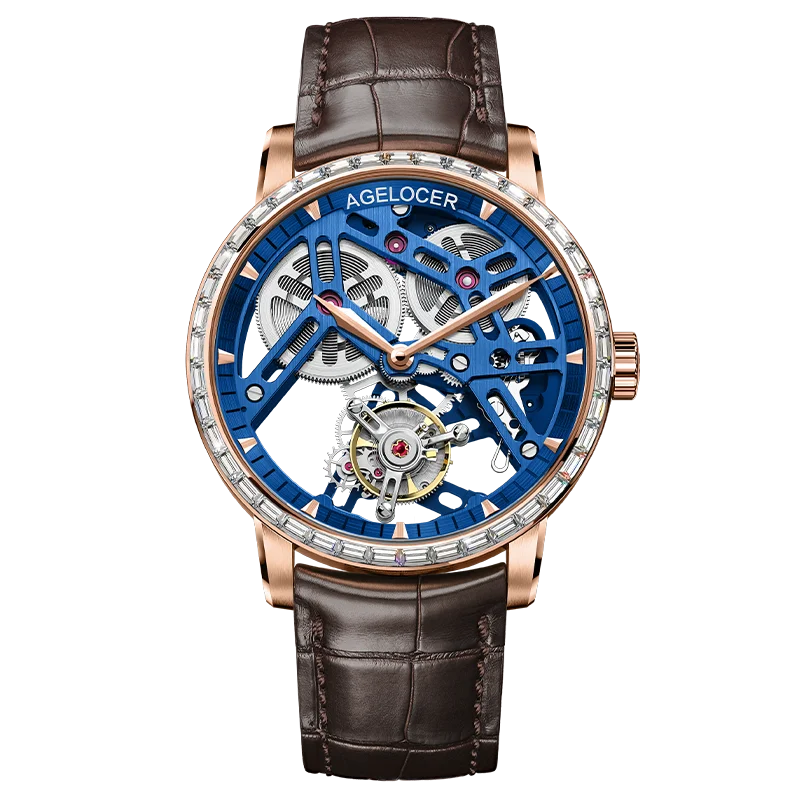 Luxury watch with brown leather strap and blue skeleton face on white background