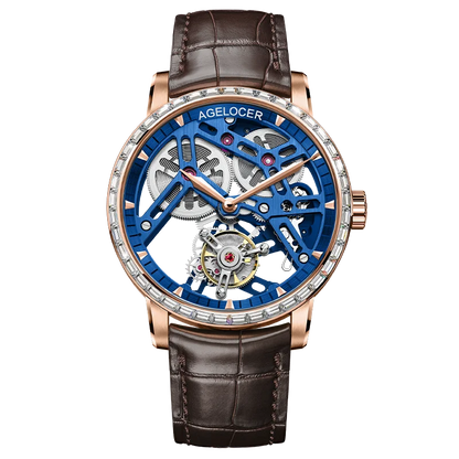 Luxury watch with brown leather strap and blue skeleton face on white background