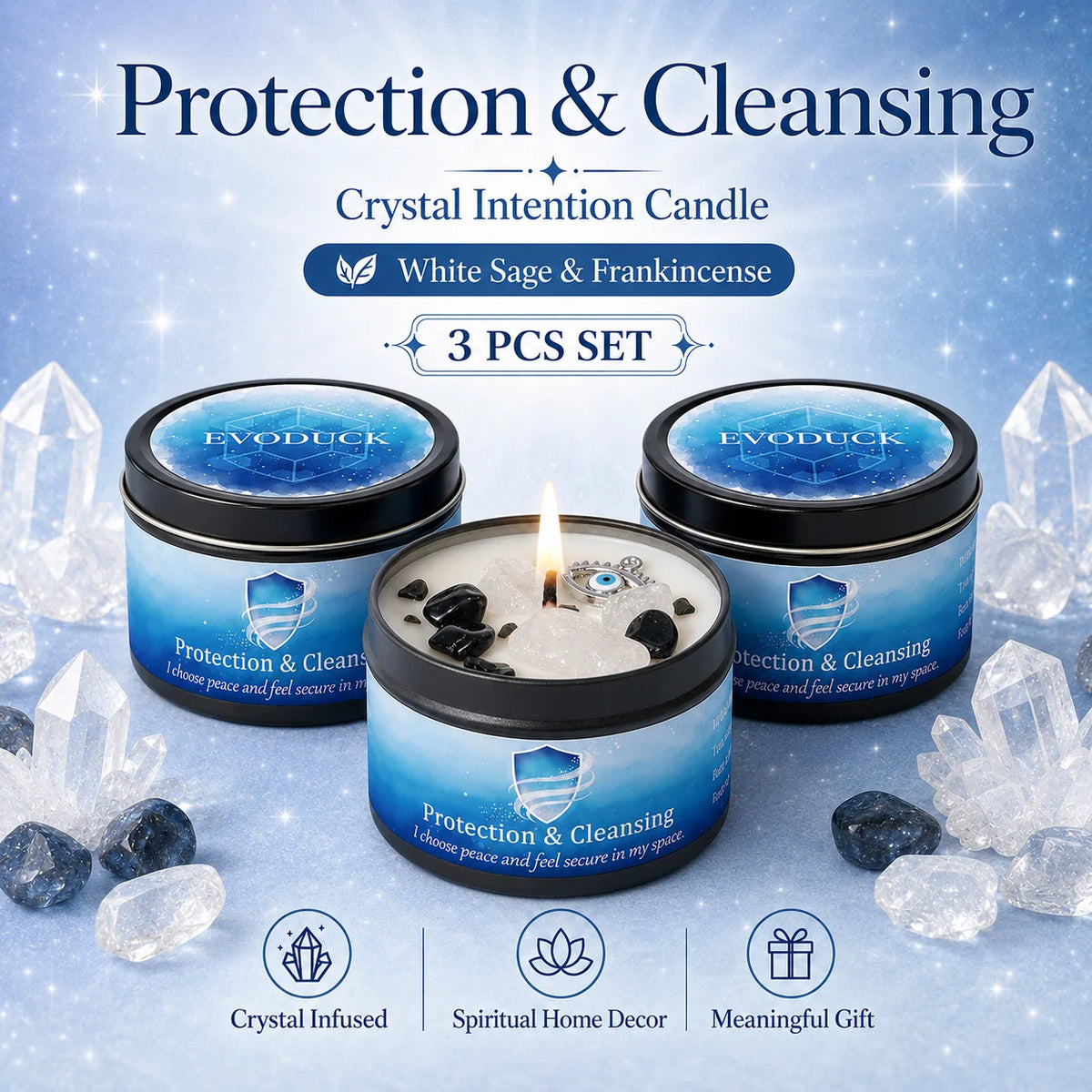 White Sage Frankincense Crystal Scented Candle Protection Cleansing Aromatherapy Meditation Room Decor Spiritual Yoga Gift 3oz
