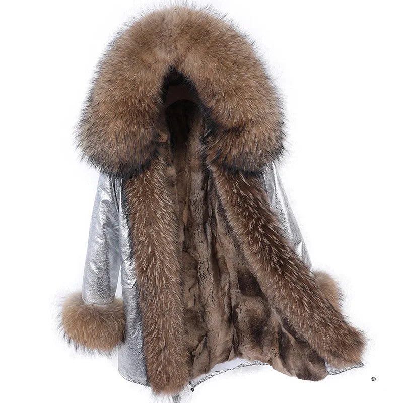 Real Raccoon Fox Fur Collar Parka Women's Coat | Vexaroa