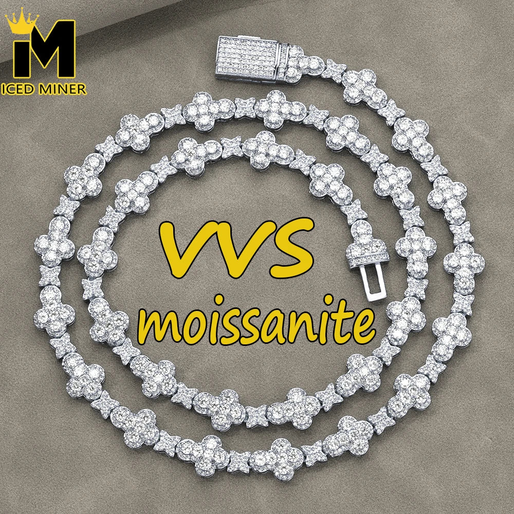 A silver-toned necklace paved with clear moissanite stones, coiled on a textured gray background with 'VVS moissanite' text overlay and an 'ICED MINER' logo in the top-left corner.