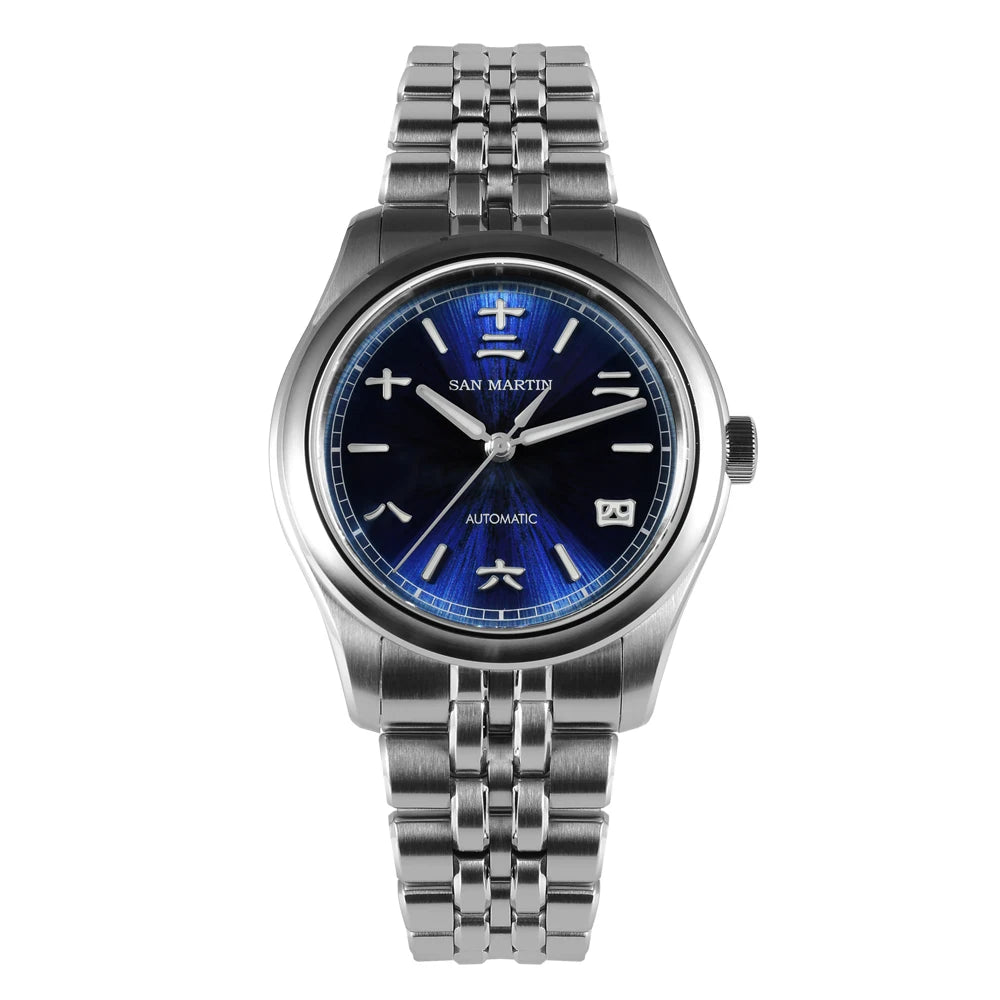 Silver watch with blue dial on a white background