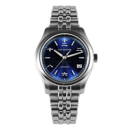 Silver watch with blue dial on a white background