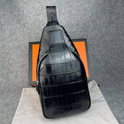 Men's Black Exotic Crocodile Leather Chest Bag | Genuine Croc Skin Crossbody | Vexaroa