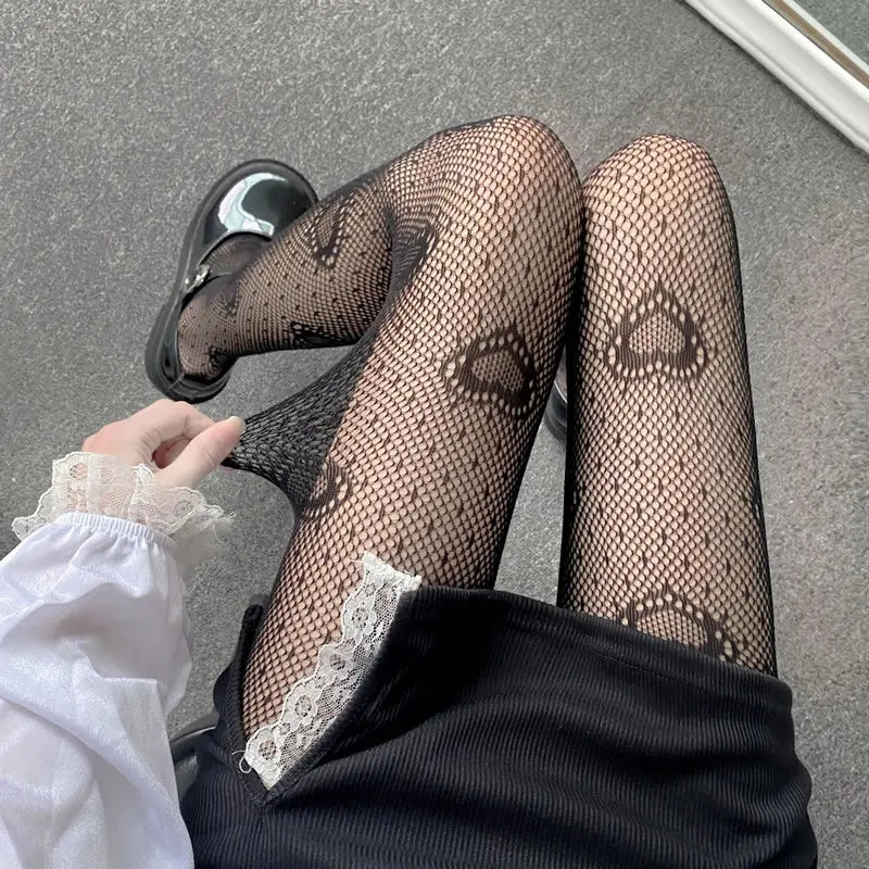 Leggings Hollowed Out Mesh Retro Girls Stockings Japanese Bottomed Lace Pantyhose Floral Rattan Black Tights