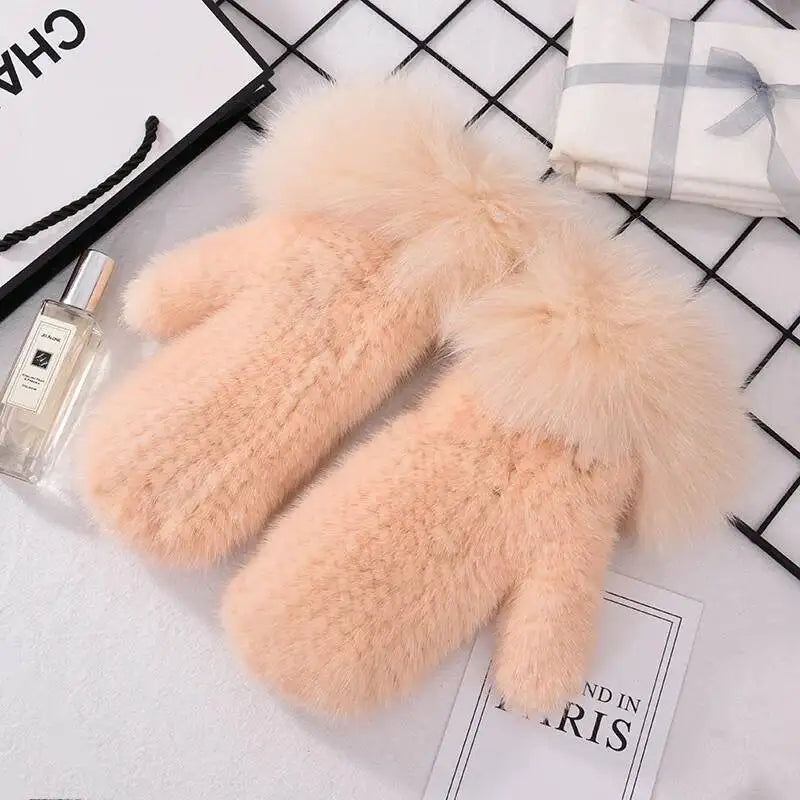 Women's Real Mink Fur Gloves Fox Fur Cuffs Winter | Vexaro