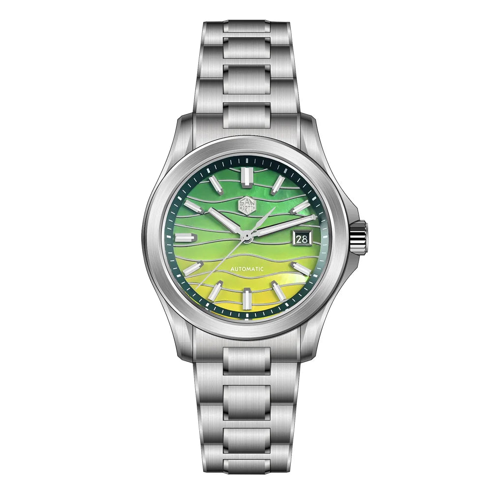 Silver watch with a green face on a white background