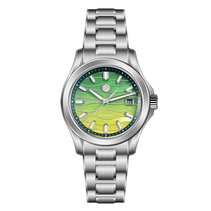 Silver watch with a green face on a white background