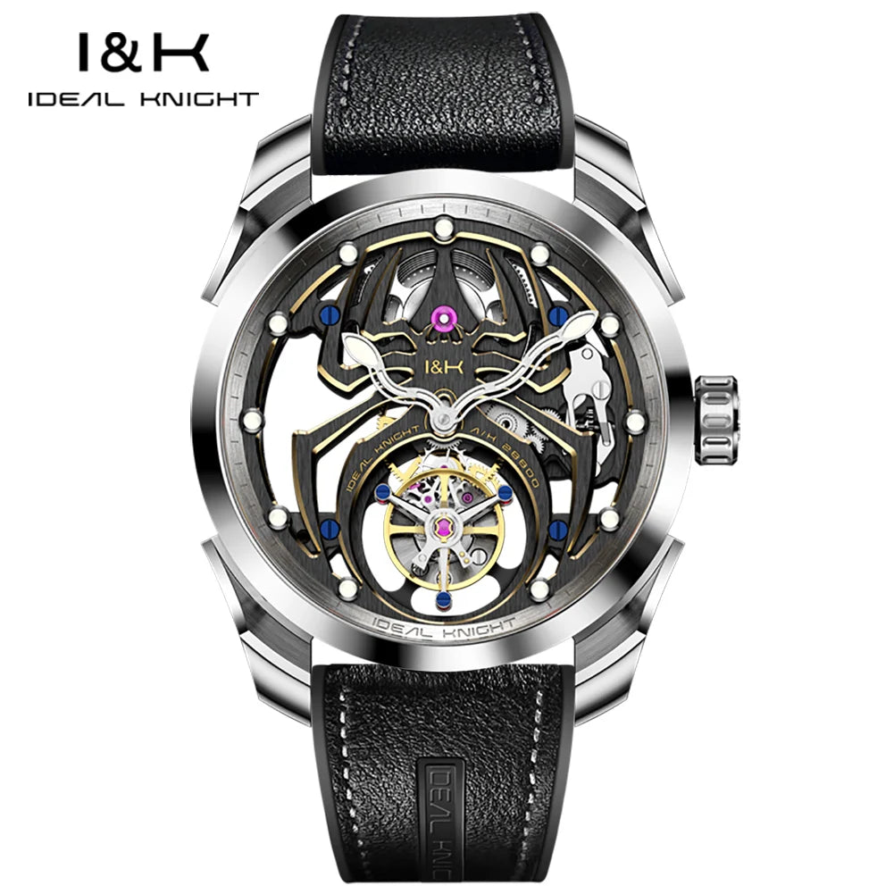 IDEAL KNIGHT Real Tourbillon Men's Watches High-Grade Fully Hollowed Spider Pattern Cool Dial Top Luxury Mechanical Watches 6802