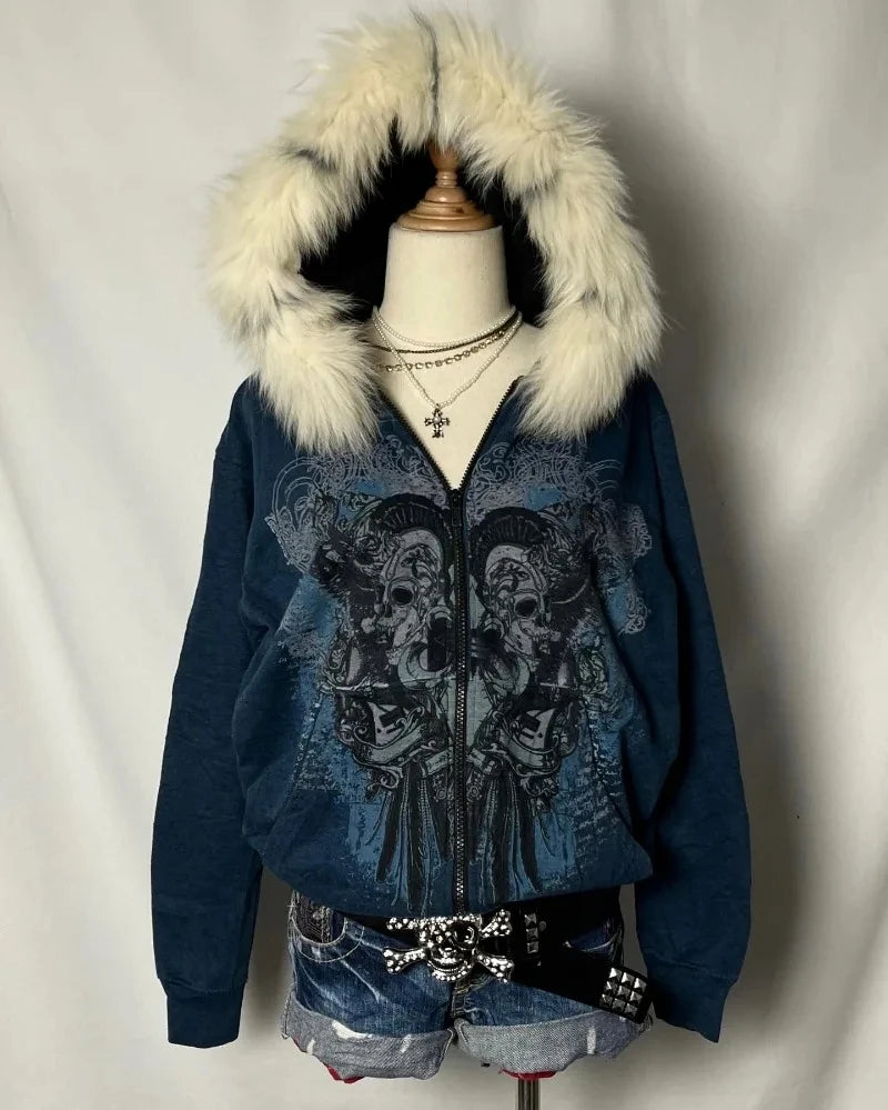 American Subculture Vintage Spice Girl Skeleton Black Mao Mao Hooded Printed Sweater Female Y2K Gothic Harajuku Plus Velvet Coat