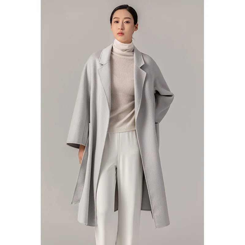 Women's Long Water Ripple Double-Faced Wool Wrap Coat at Vexaroa