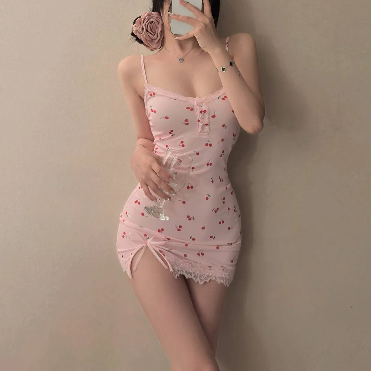 Vexaroa Pink Cherry Print Mini Dress | Lace Trim Nightgown — product image