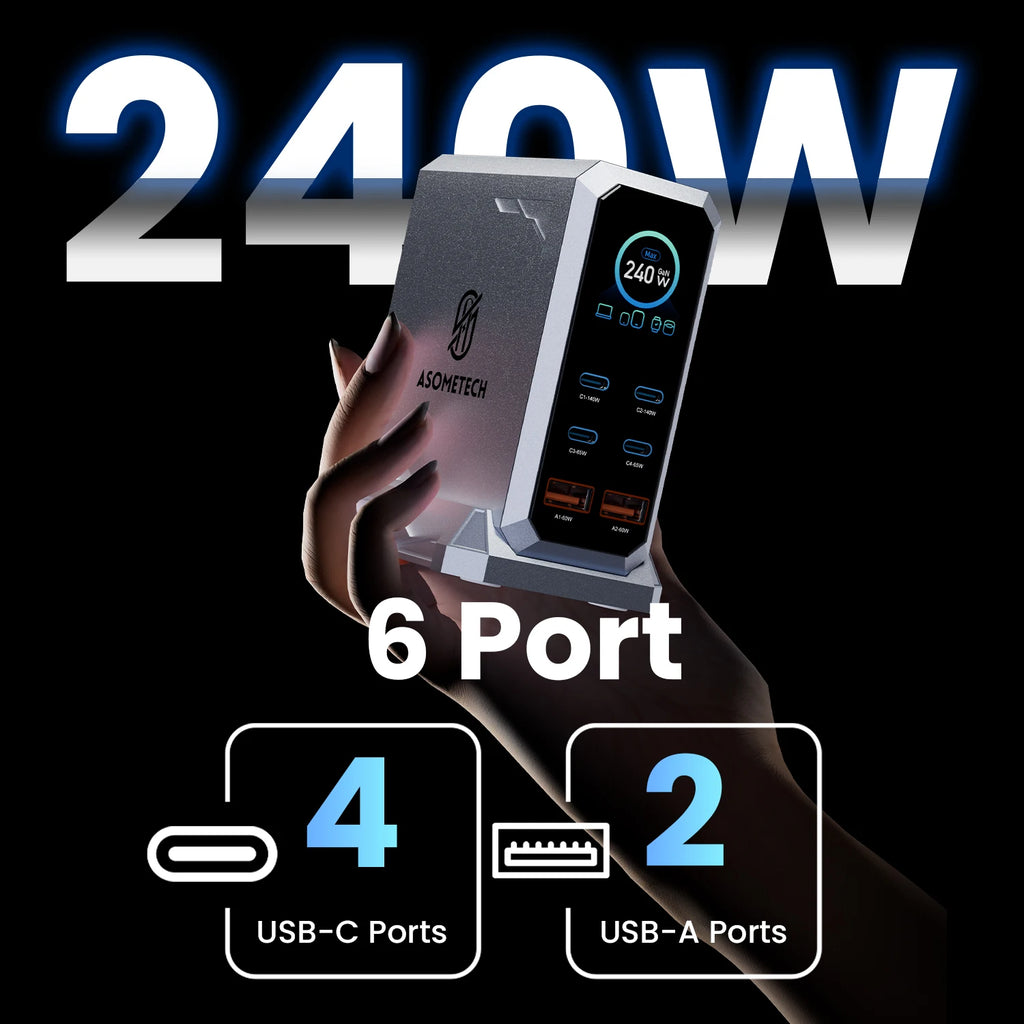 Vexaroa 240W 6-Port GaN USB-C Charger Station