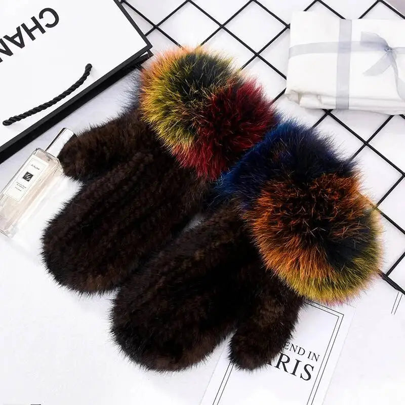 Women's Real Mink Fur Gloves Fox Fur Cuffs Winter | Vexaro