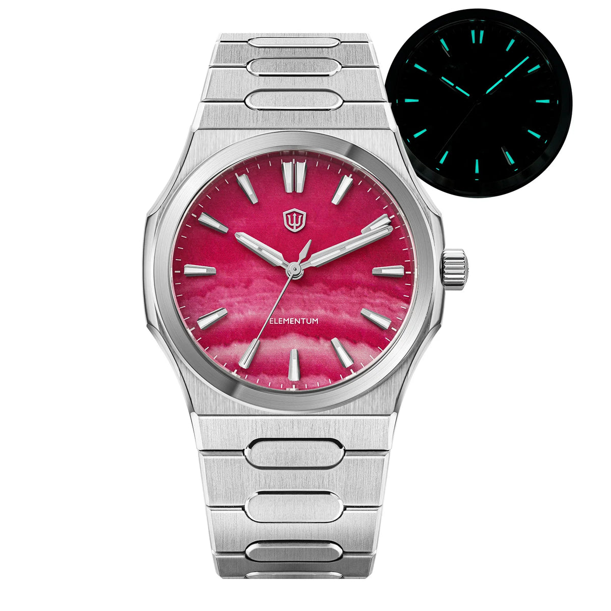 A stainless steel analog watch with a bright pink marbled dial and silver-tone metal link bracelet, shown on a white background with a small inset of the watch face in blacklight mode.