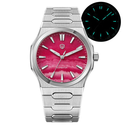 A stainless steel analog watch with a bright pink marbled dial and silver-tone metal link bracelet, shown on a white background with a small inset of the watch face in blacklight mode.