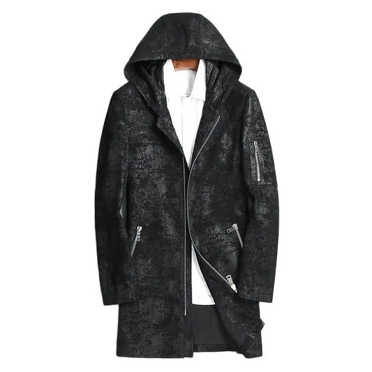 Black hooded coat with zippers on a white background
