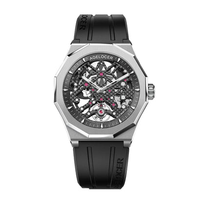 Watch with black strap and silver case on a white background