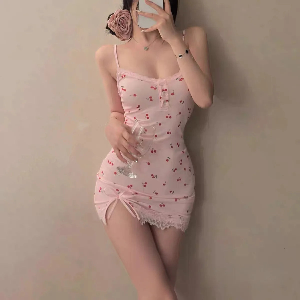 Vexaroa Pink Cherry Print Mini Dress | Lace Trim Nightgown