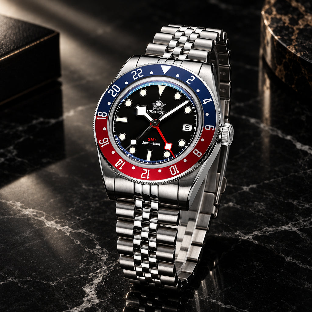 A stainless steel wristwatch with a black dial, blue and red bezel, and a matching steel link bracelet, photographed on a dark textured surface.
