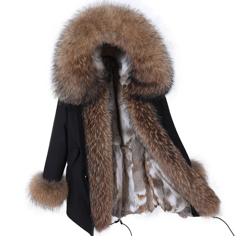 Real Raccoon Fox Fur Collar Parka Women's Coat | Vexaroa