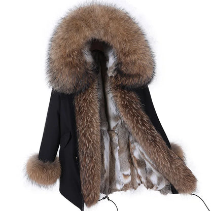 Real Raccoon Fox Fur Collar Parka Women's Coat | Vexaroa
