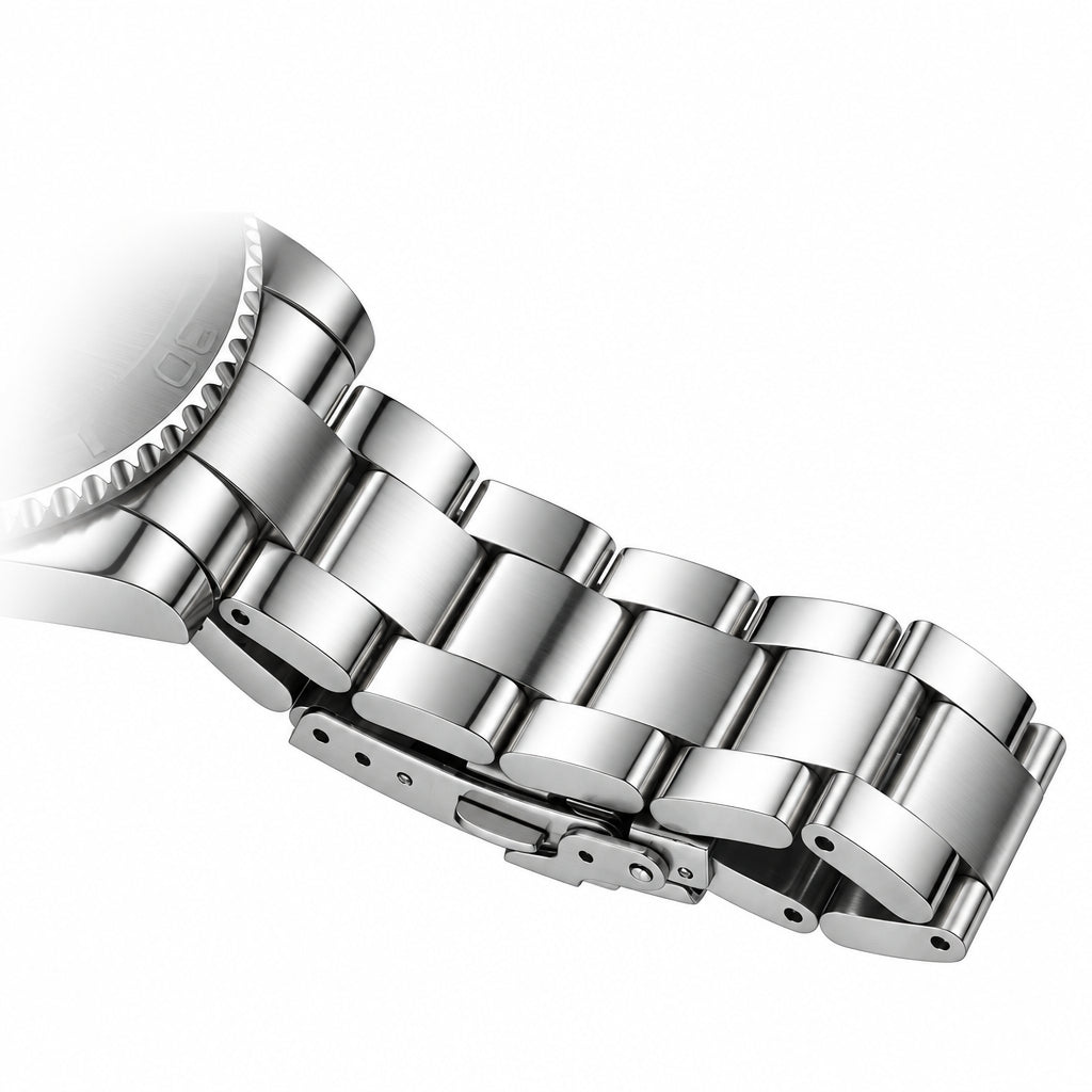 Close-up of a silver watch band with ADDIESDIVE branding on a white background