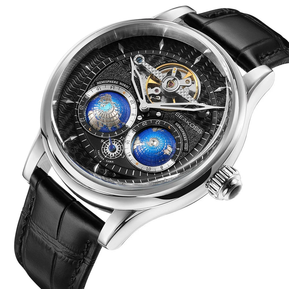 Luxury watch with black leather strap and intricate face design on a white background