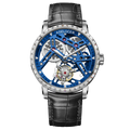 Luxury watch with black leather strap and blue skeletonized face on white background