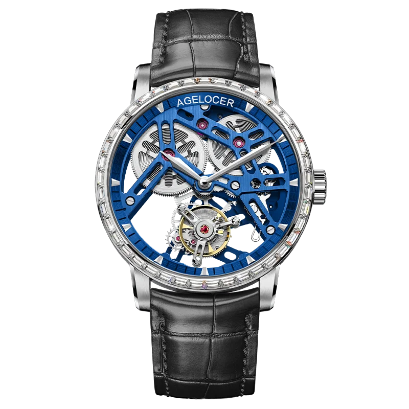 Luxury watch with black leather strap and blue skeletonized face on white background