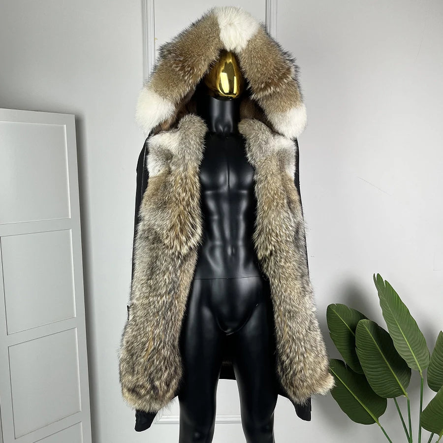 Long Natural Coyote Fur Parka With Hood Real Muskrat Fur Jacket Winter Warm Wolf Fur Coats Best Selling Genuine Fur Coat Man
