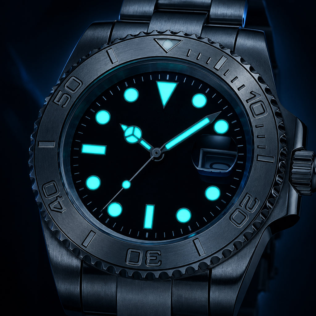 Black wristwatch with glow-in-the-dark face on a dark background, featuring the AddiesDive brand.