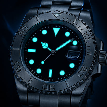 Black wristwatch with glow-in-the-dark face on a dark background, featuring the AddiesDive brand.