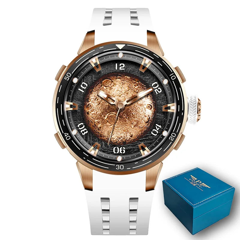 A luxury wristwatch with a white silicone strap, a rose gold-toned case, and a detailed metallic gold textured dial. A small blue presentation box is shown in the bottom right corner on a solid white background.