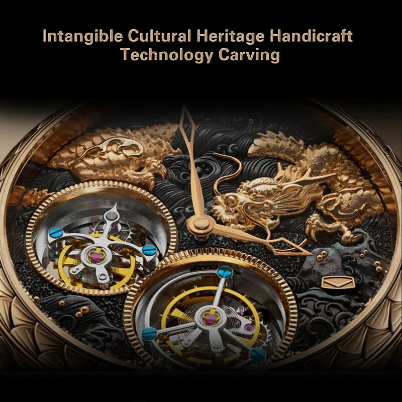 Close-up of an intricately designed clock face with cultural elements and text about intangible cultural heritage.