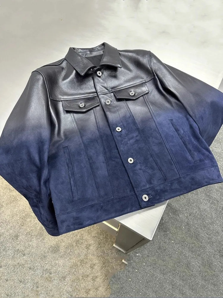 Men's Sheepskin Leather Moto Jacket Gradient | Vexaroa