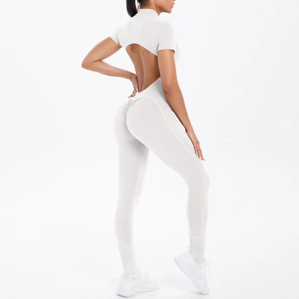 Vexaroa Backless Scrunch Bodysuit Half Zipper Gym Yoga Jumpsuit