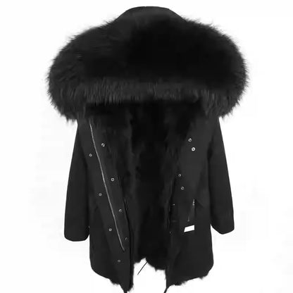 Vexaroa Women's Real Natural Fur Coat Long Hooded Parka with Fur Liner Winter Jacket