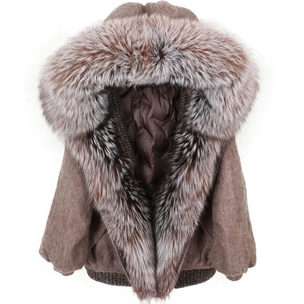 Women's Wool Puffer Jacket with Fox Fur Collar at Vexaroa