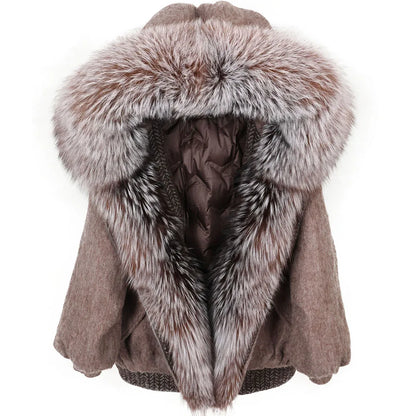 Women's Wool Puffer Jacket with Fox Fur Collar at Vexaroa