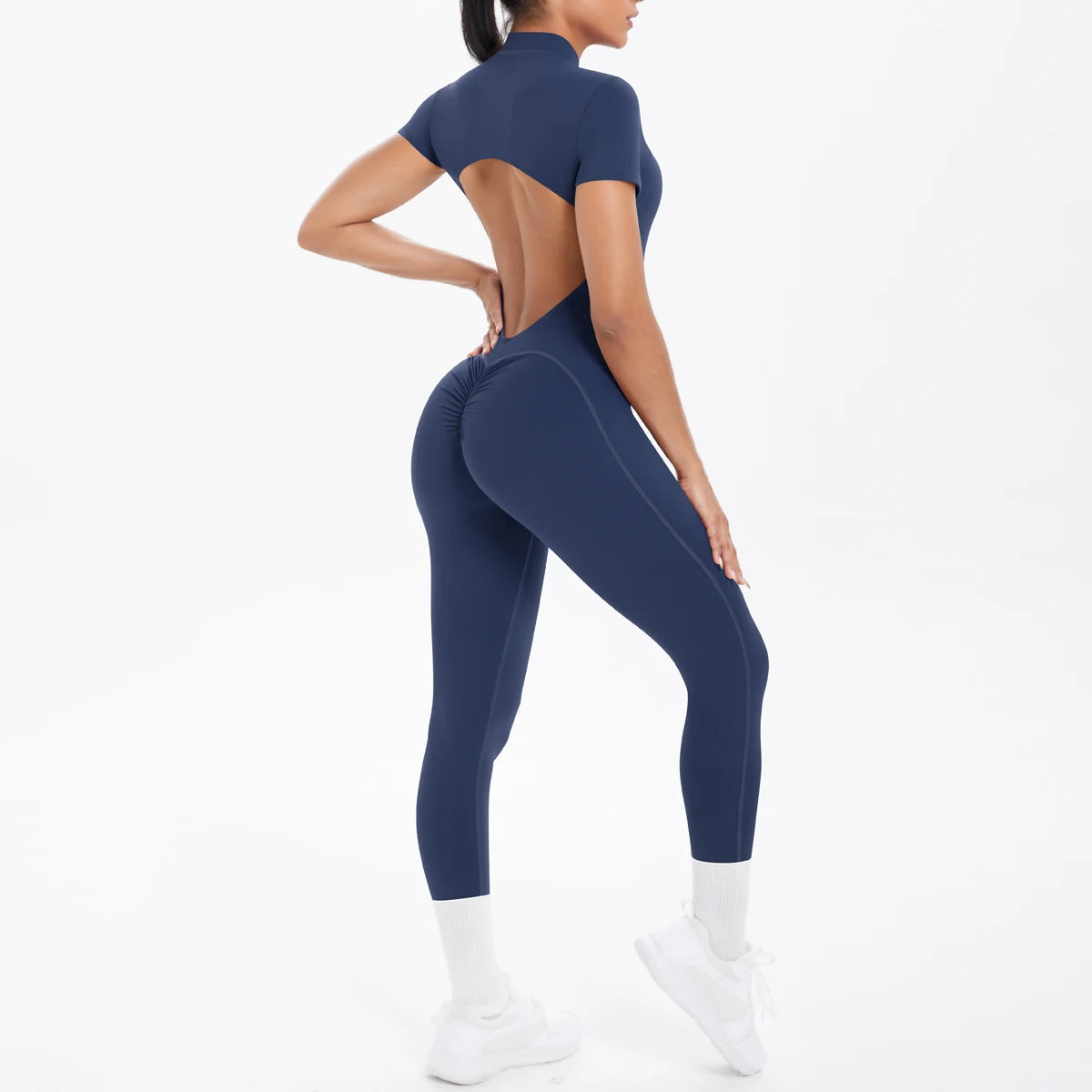Short Sleeved Fitness Jumpsuit for Woman Bodysuits Backless Solid Color Scrunch One-Piece Suit Half Zipper Gym Yoga Sets Womens