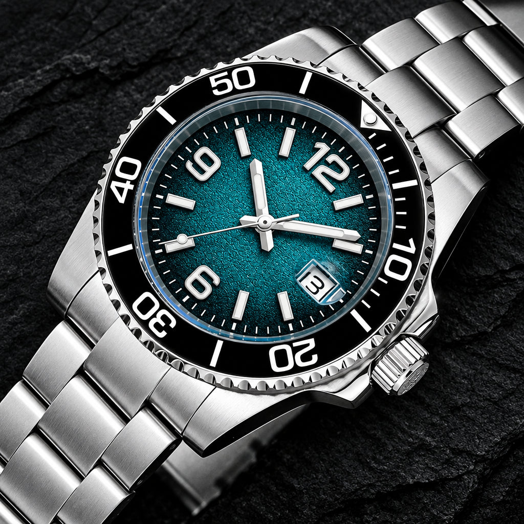 Silver wristwatch with a blue face on a dark background, featuring the brand 'ADDIESDIVE'.