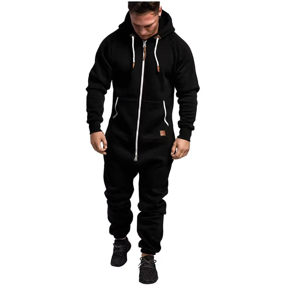 Winter New Men's Hooded Fleece Jumpsuit With Solid Color And Color Blocking Casual Workwear Set For Men