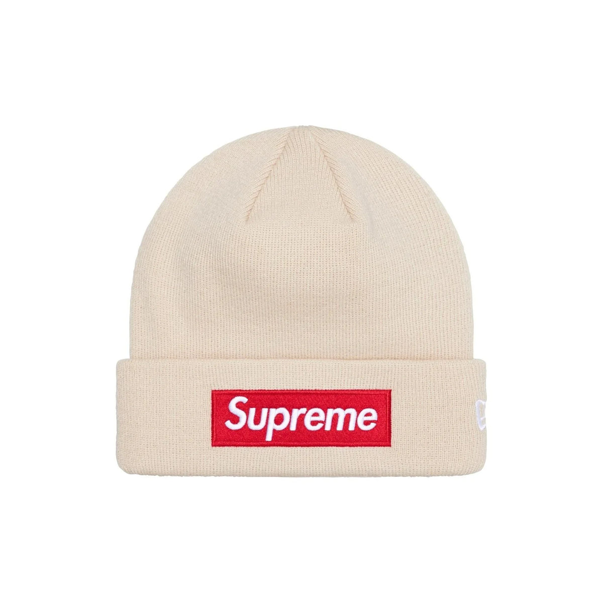 A beige ribbed knit beanie hat featuring a red rectangular box logo patch with white 'Supreme' text on the front cuff, shown against a plain white background.