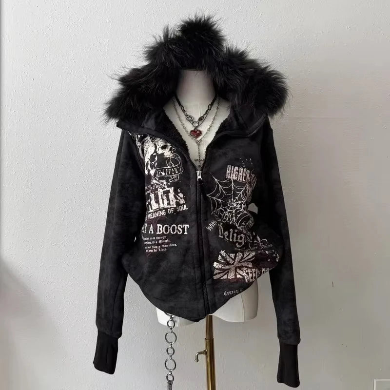 Vintage Popular Dark Rock Hip Hop Print Sports Sweater Women Y2K Streetwear Casual Joker Plus Velvet Padded Fur Collar Hoodies